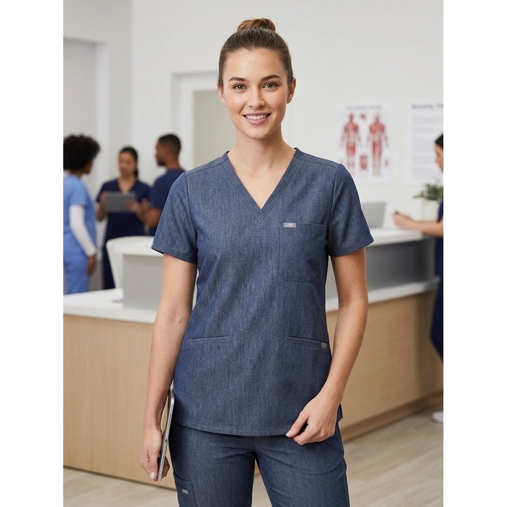 FIGS Casma Three Pocket Scrub Top Denim Blue Heather M FW1100 V-Neck Womens